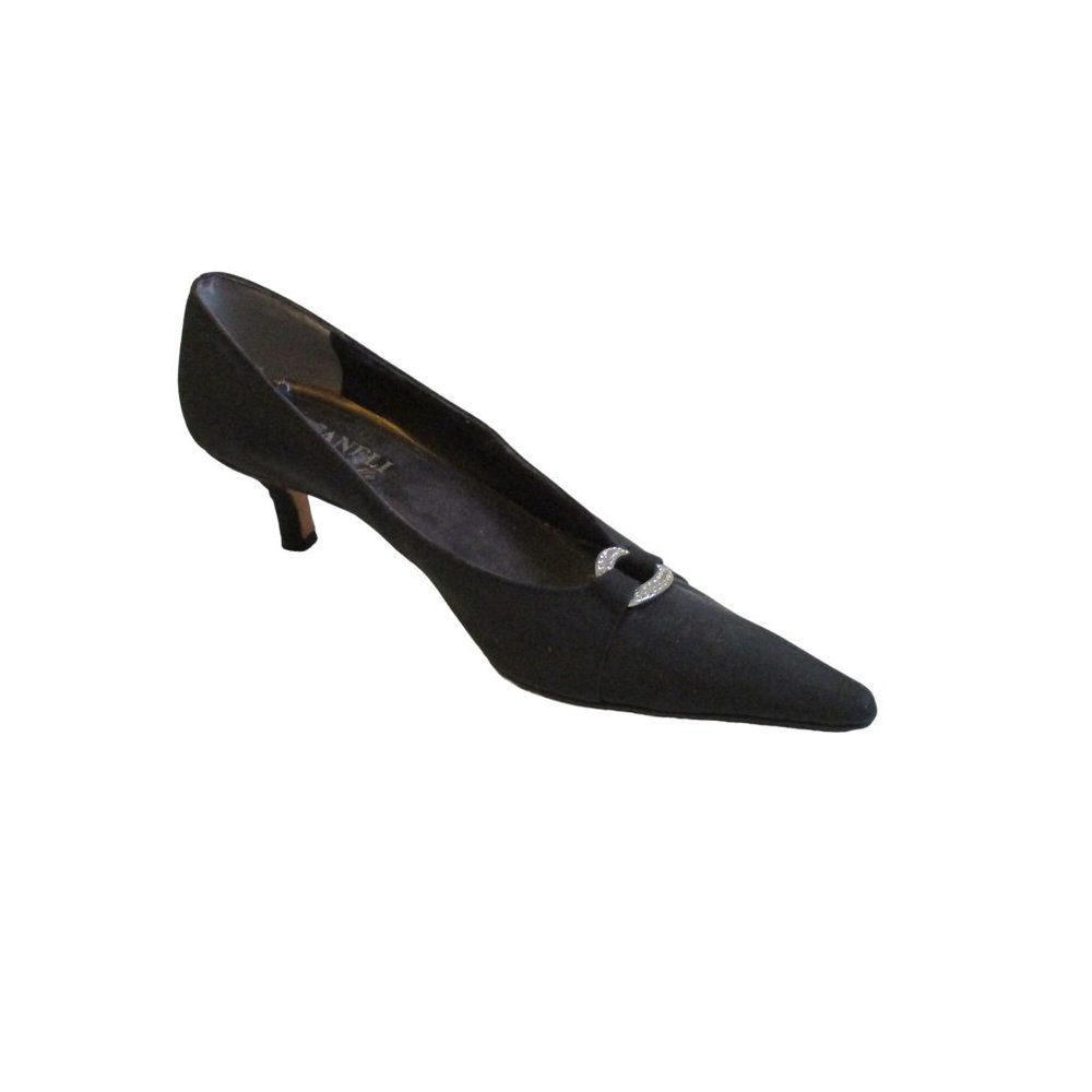 Vaneli Black Peau de Soie Kitten Heel Pumps Pointed Toe Rhinestone Accent Vamp
